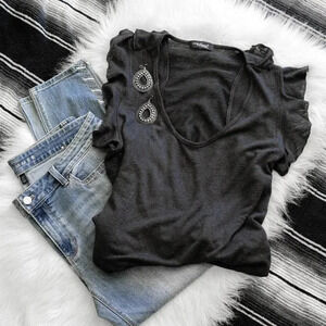 Young at Heart Top Sz L Charcoal Gray Ruffles Short Sleeve Whimsigoth